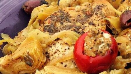 Spicy Mediterranean Chicken with Sausage-Stuffed Cherry Peppers