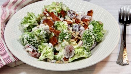 Broccoli Salad with Red Grapes, Bacon, and Sunflower Seeds