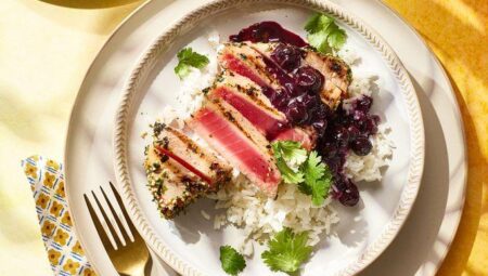 Grilled Tuna Steaks with Wasabi-Blueberry Sauce